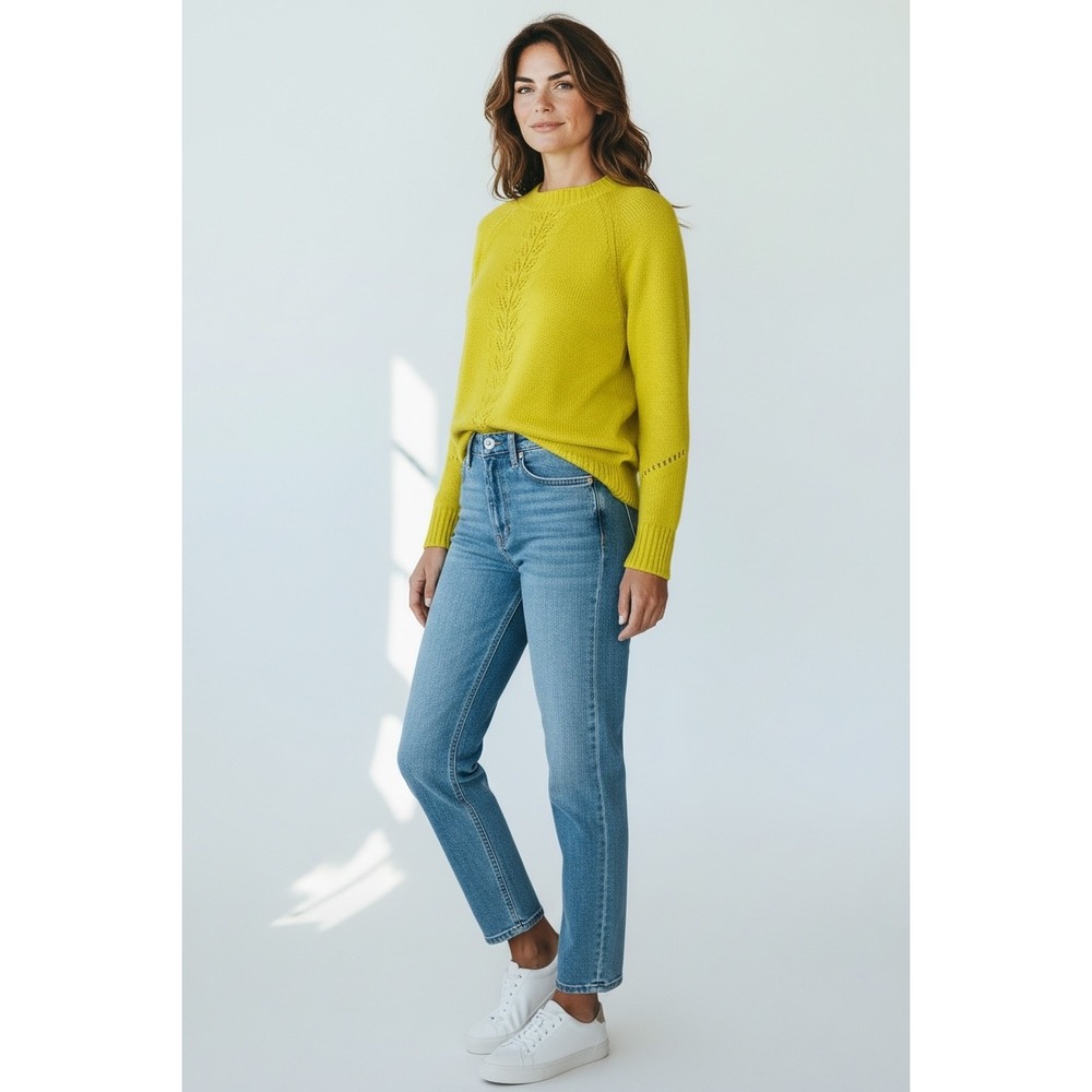 LOFT Yellow Leaf Stitch Knit Sweater Women's Medium Raglan Sleeve Pullover